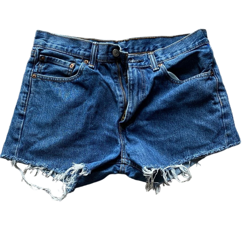 Levi’s 505 Cutoff Denim Shorts SIZE 32 High Rise Distressed Raw Hem Blue Jeans